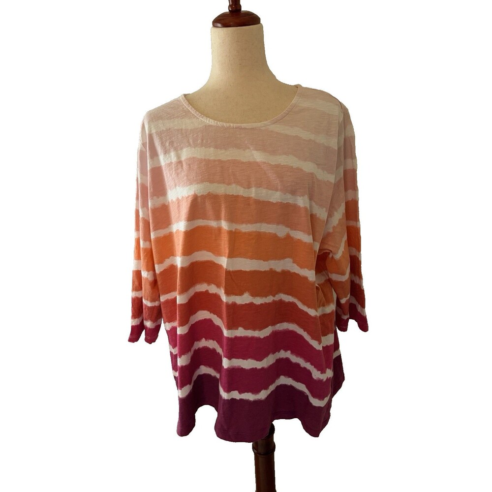 CJ Banks Women’s 2X Pink Orange Striped 3/4 Sleeve Cotton Top Ombre Colorful